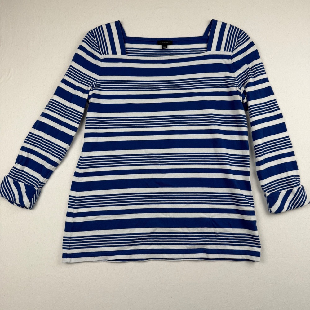Talbots Womens XS Blue White Striped Cotton Square Neck 3/4 Sleeve Top